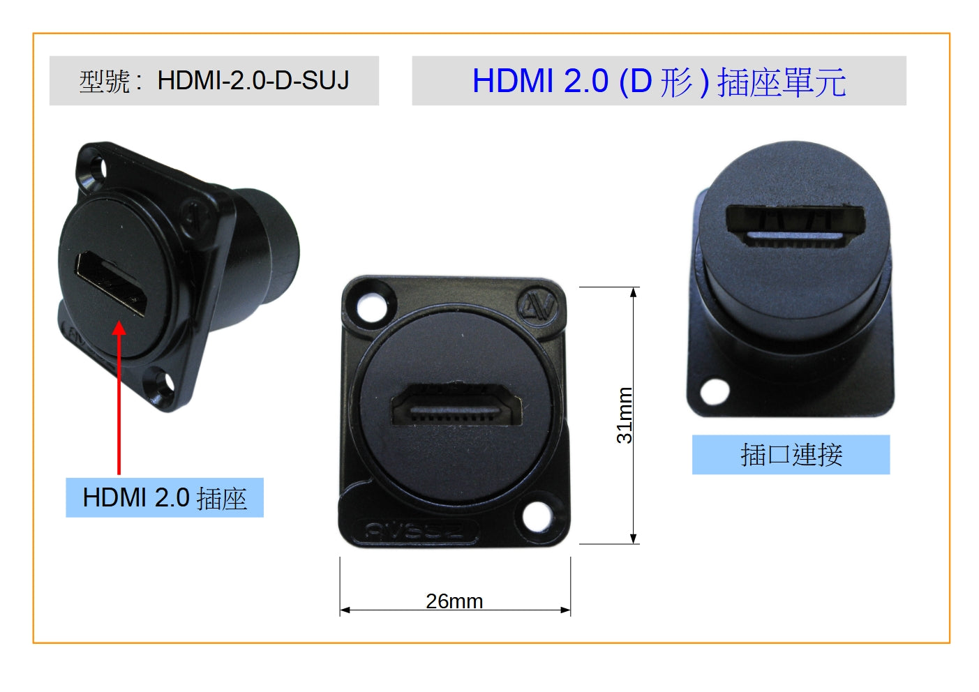 HDMI-2.0-D-SUJ HDMI 2.0 "D" SHAPE SOCKET UNIT