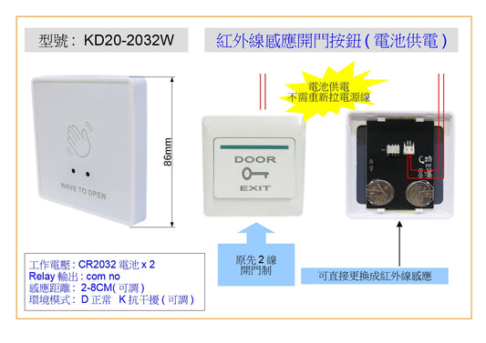 KD20-2032W 紅外線感應開門按鈕(電池供電)